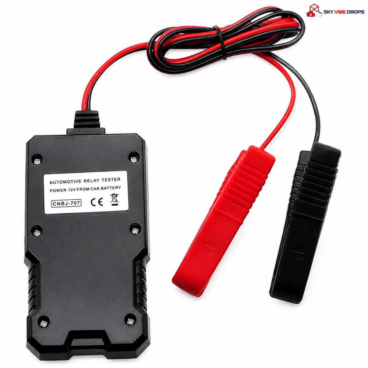 Parte trasera del probador de relés CNBJ-707 con cables y pinzas para conectarlo a una batería de automóvil de 12 V.