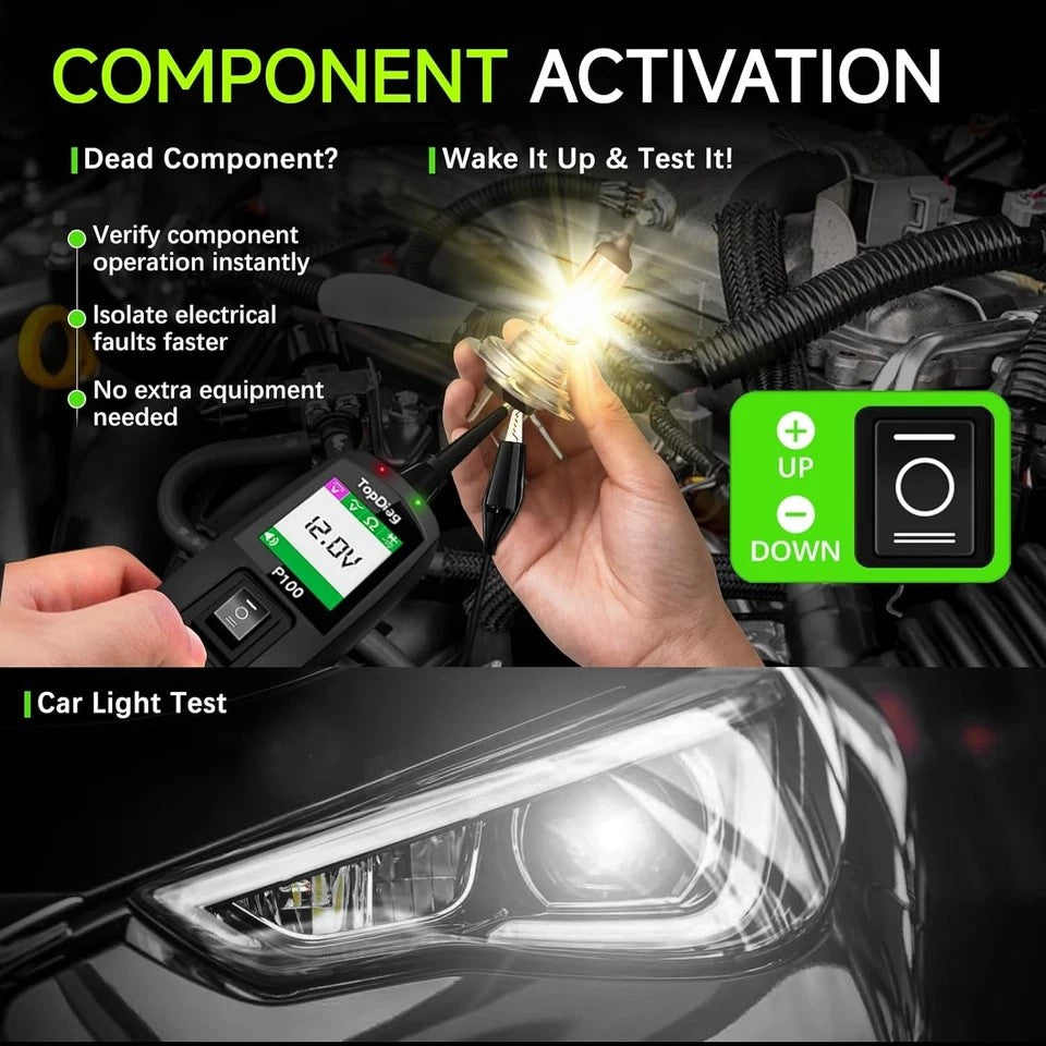 TopDiag P100 activando y probando una luz del sistema eléctrico automotriz.
