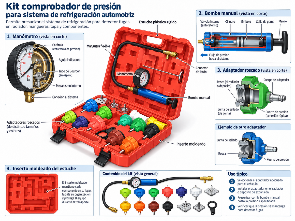 Diagrama explicativo del kit comprobador de presión del sistema de refrigeración con manómetro, bomba manual y adaptadores para radiador.