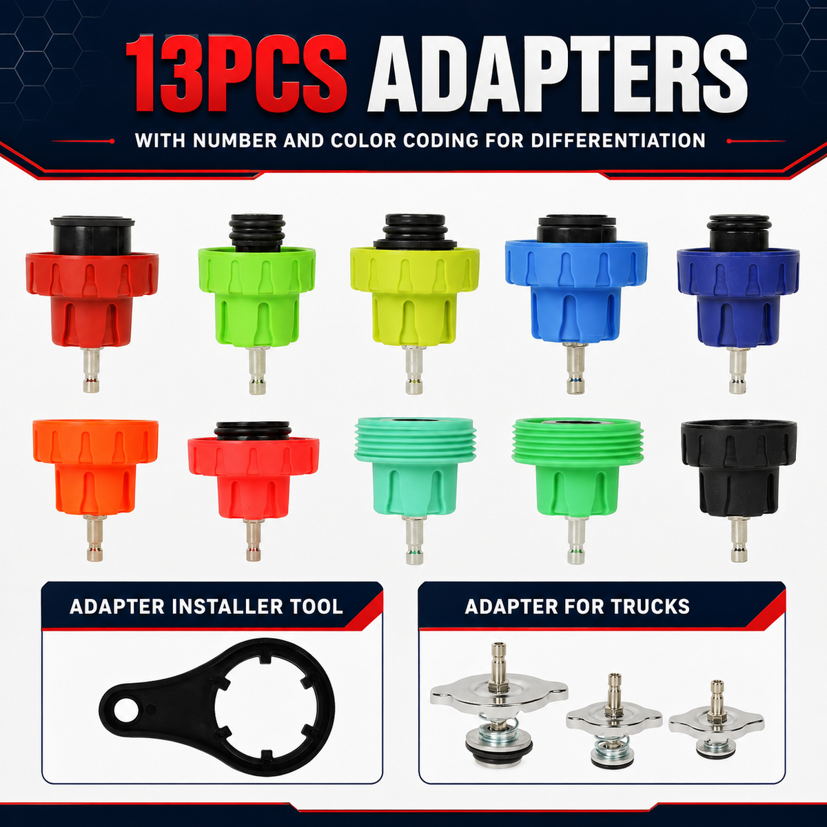 Trece adaptadores codificados por número y color, adaptadores metálicos para camiones y herramienta de instalación.
