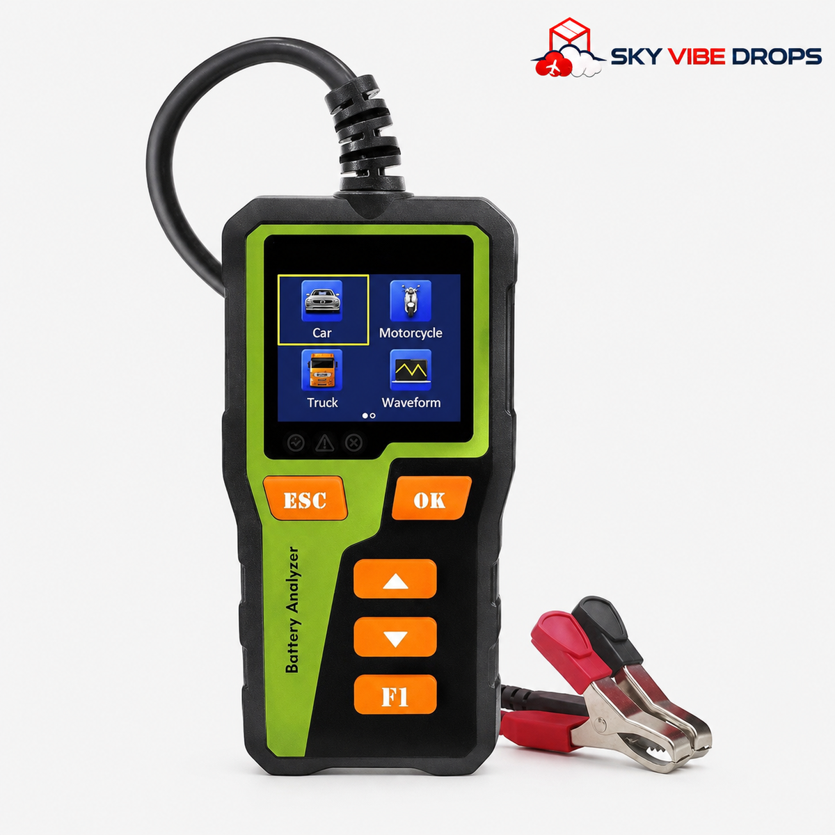 Analizador de baterías BT30 con pantalla a color, menús para automóvil, motocicleta, camión y forma de onda, y pinzas de conexión.
