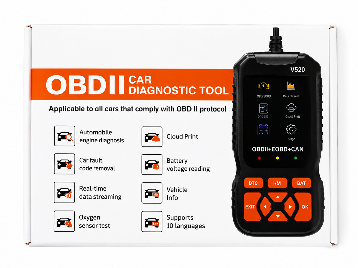 Escáner automotriz V520 OBD2 junto a su caja con funciones de diagnóstico, datos en vivo y lectura de voltaje.
