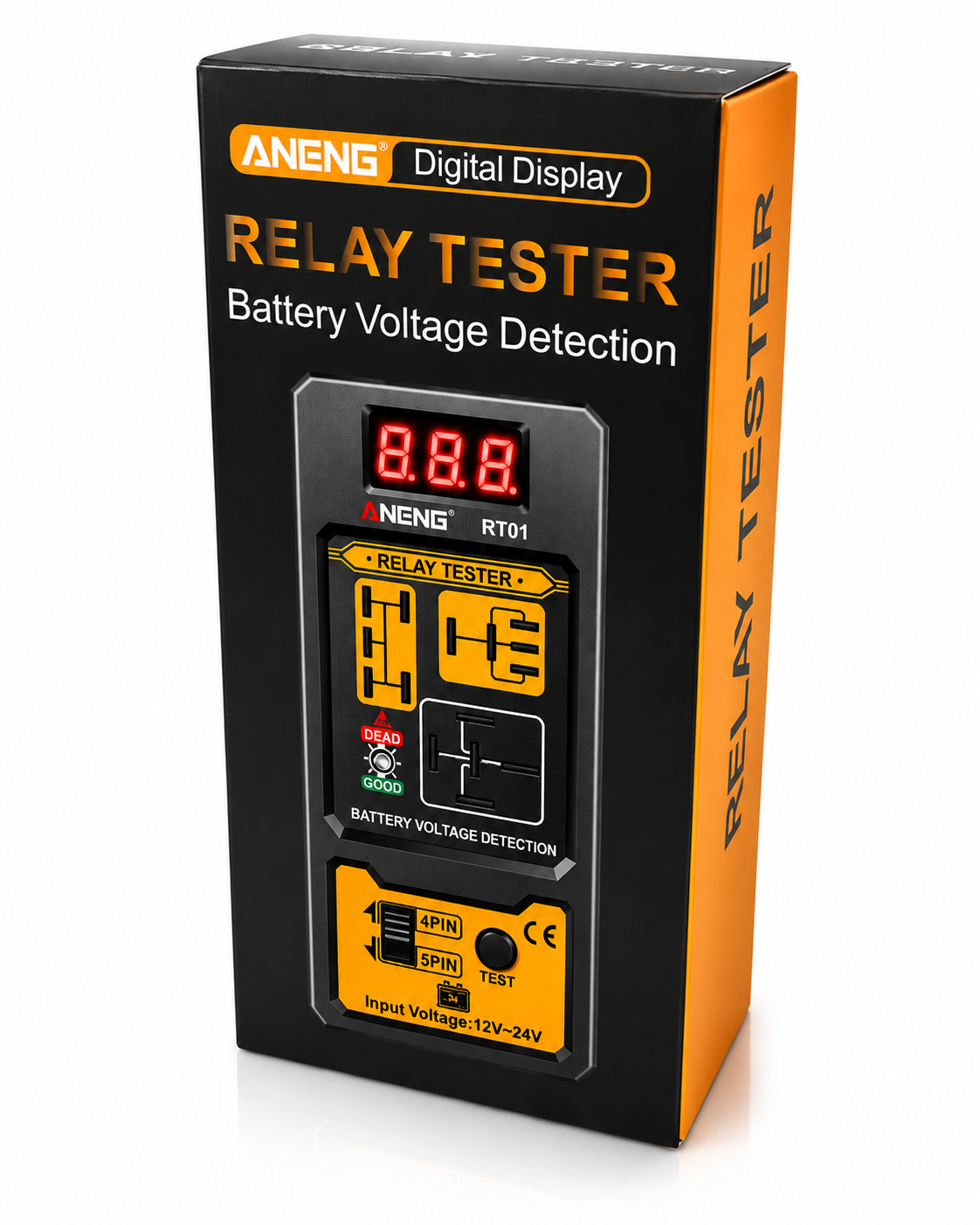 Caja del probador de relés ANENG RT01 con pantalla digital y detección de voltaje de batería.
