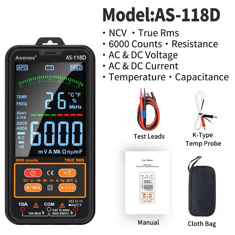 Contenido del kit del multímetro digital AS-118D: puntas de prueba, sonda de temperatura tipo K, manual y bolsa de tela.
