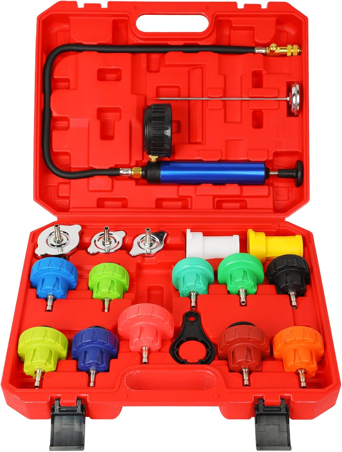 Vista completa del kit probador de presión para radiador con bomba manual, manómetro y 13 adaptadores.
