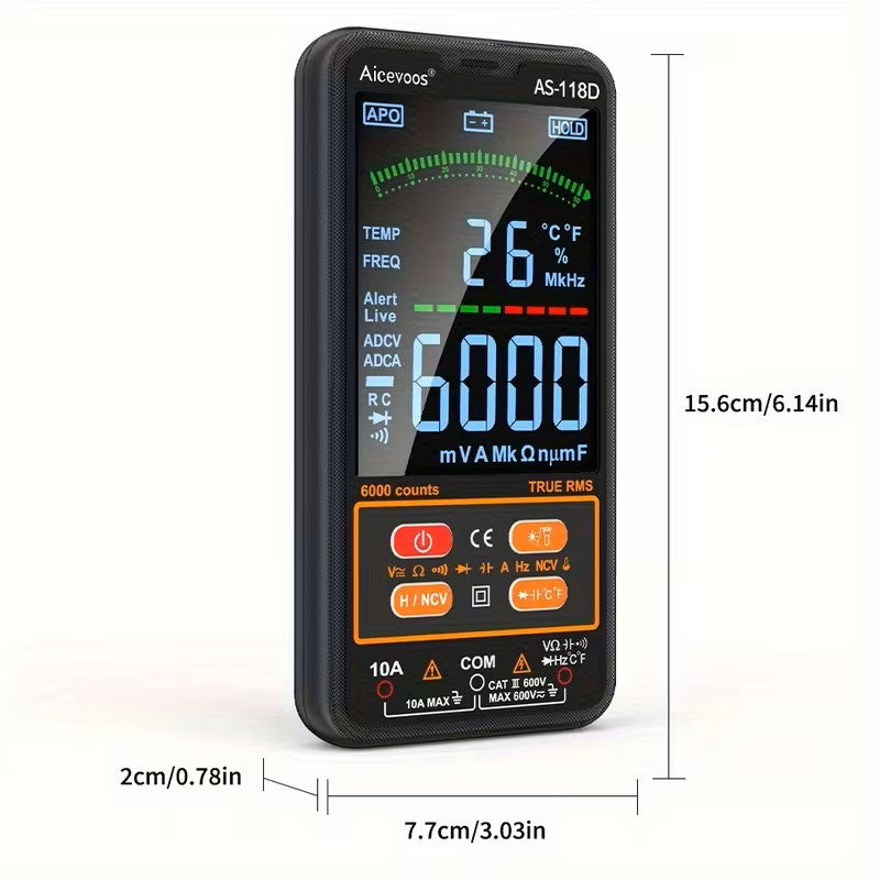 Dimensiones del multímetro digital AS-118D: 15.6 cm de alto, 7.7 cm de ancho y 2 cm de grosor.
