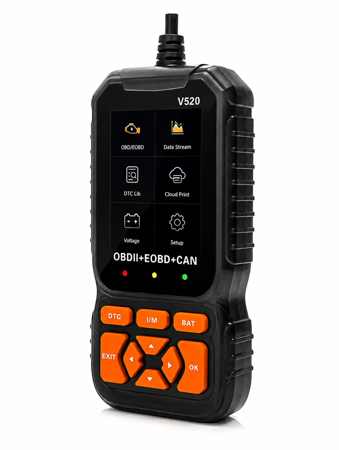 Escáner automotriz V520 OBD2, EOBD y CAN con pantalla a color y botones de navegación.

