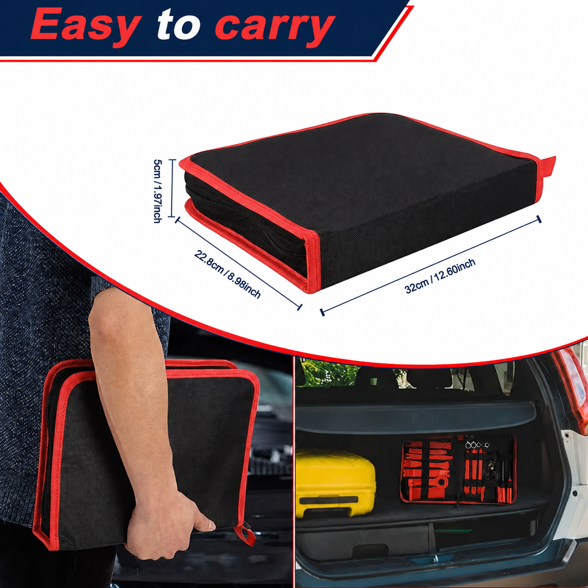 Estuche portátil negro y rojo para guardar el kit de herramientas de molduras, con medidas de 32 × 22.8 × 5 cm.