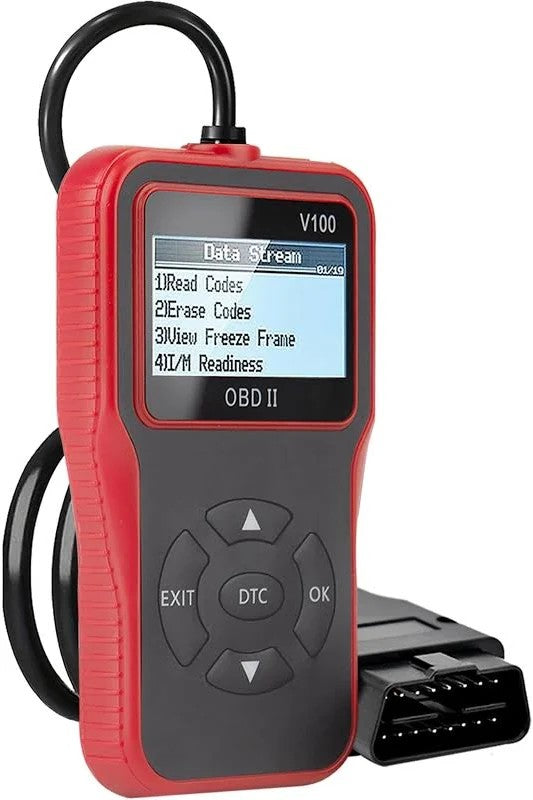 Vista frontal del escáner OBD2 V100 con menú para leer y borrar códigos, consultar Freeze Frame y verificar I/M Readiness.
