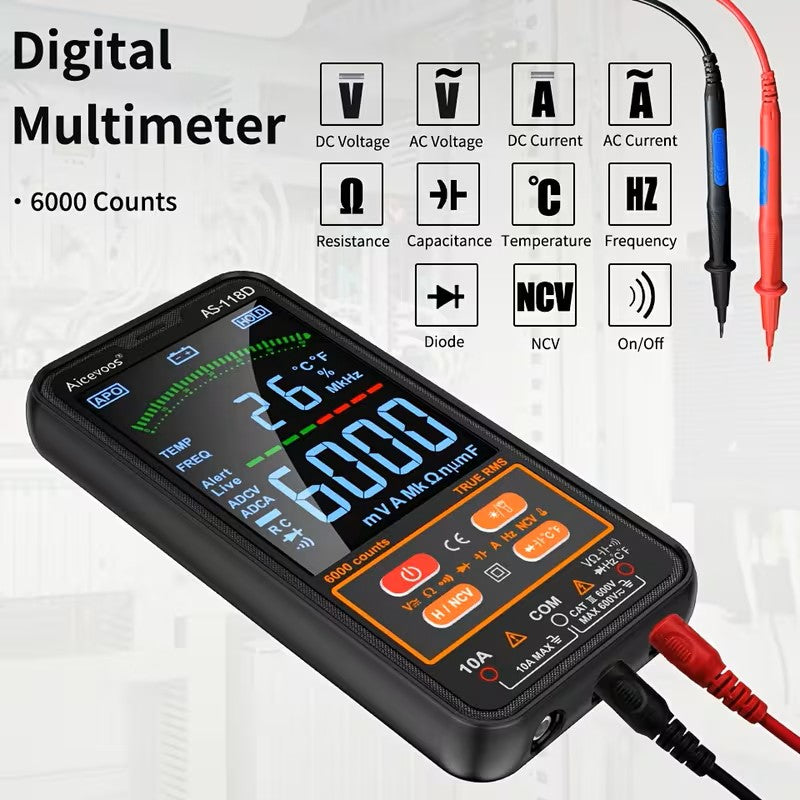 Multímetro digital AS-118D de 6000 cuentas con puntas de prueba y funciones de voltaje, corriente, resistencia, capacitancia, temperatura, frecuencia, diodos y NCV.
