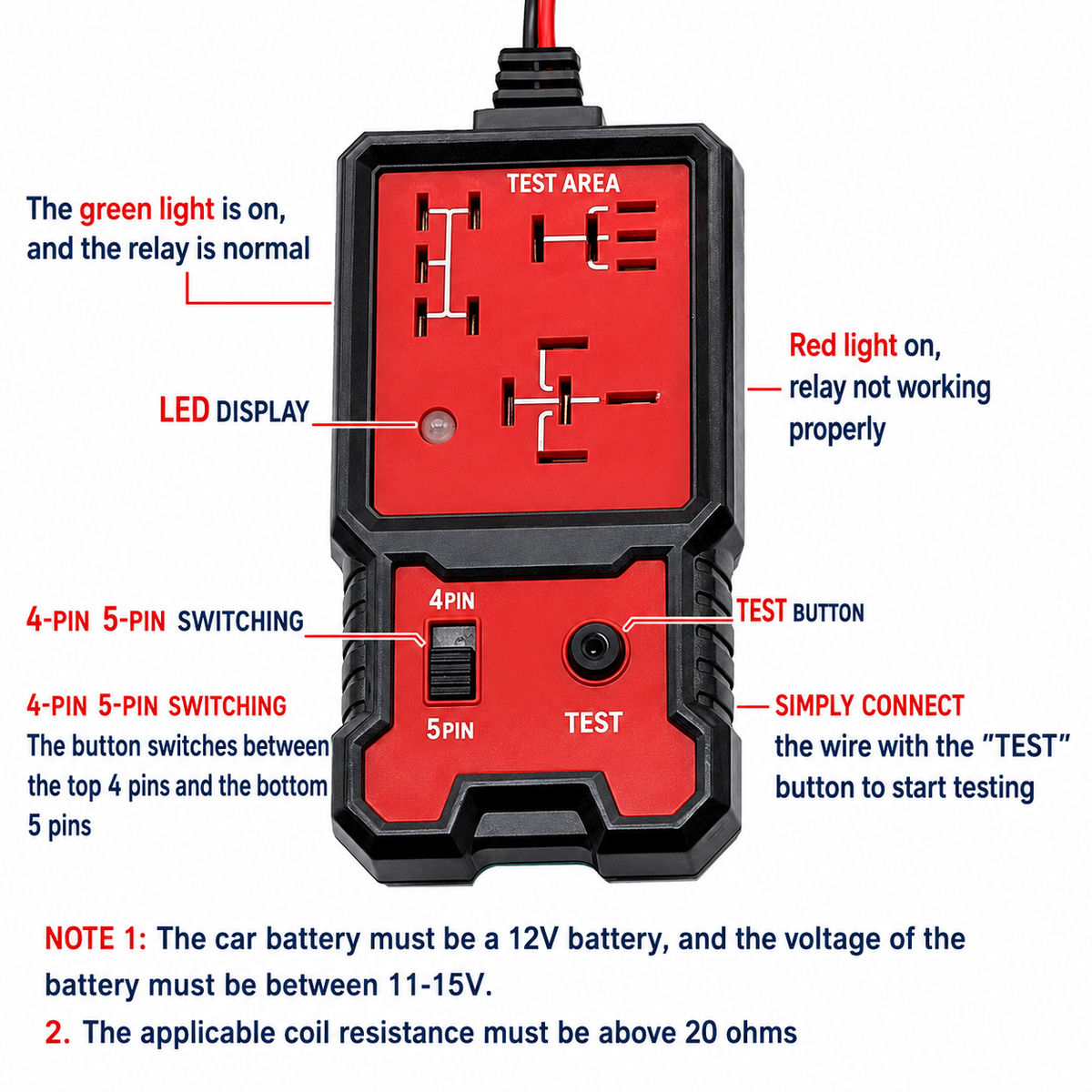 Funciones del probador de relés automotrices de 12 V con selector de 4 y 5 pines e indicadores LED.
