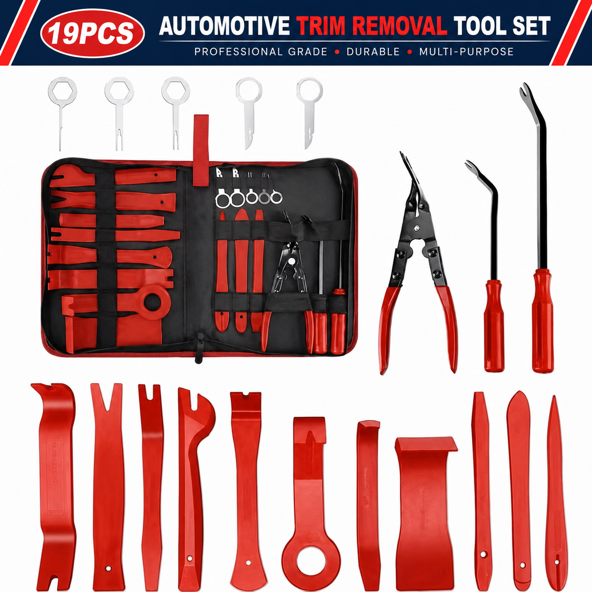 Kit de 19 herramientas rojas para remover molduras, paneles y clips automotrices con estuche negro.