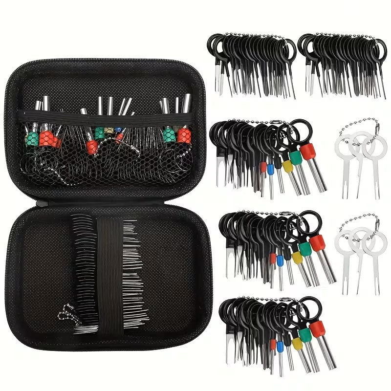 Kit de 59 herramientas para extraer pines y terminales de conectores automotrices, organizado en aros y estuche negro.
