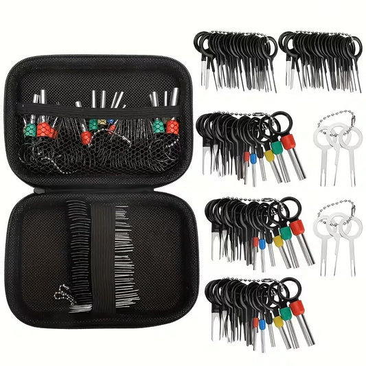 Kit de 59 herramientas para extraer pines y terminales de conectores automotrices, organizado en aros y estuche negro.
