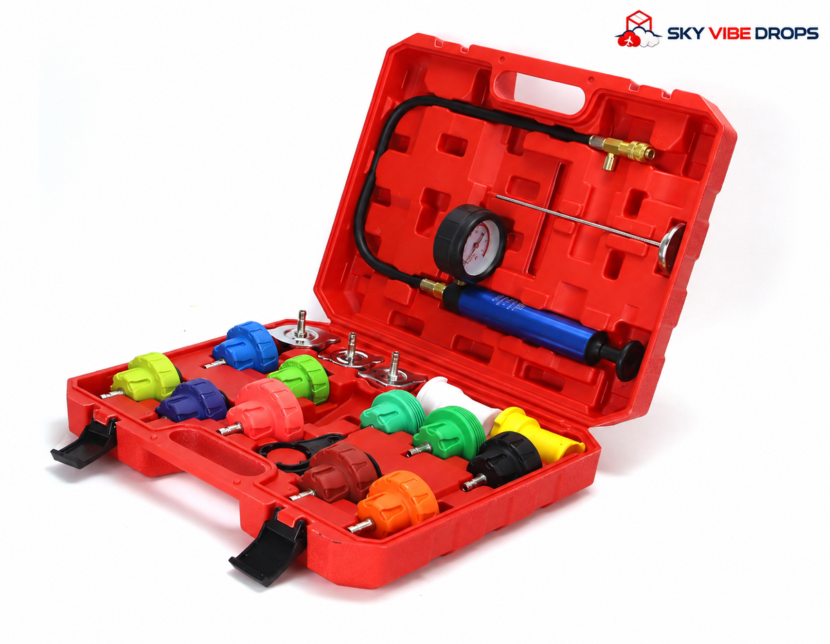 Kit probador de presión para radiador con bomba manual, manómetro y 13 adaptadores en maletín rojo.
