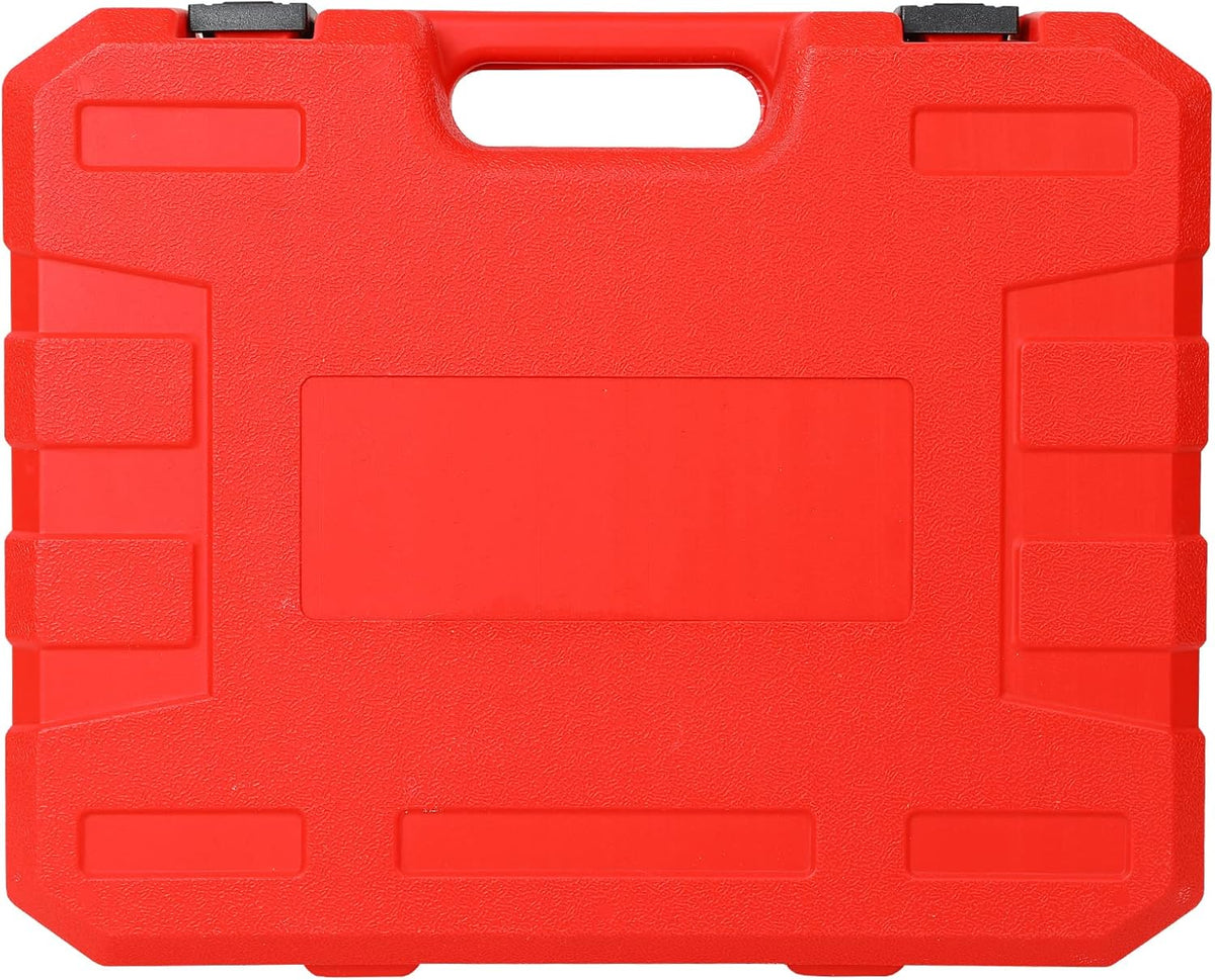 Maletín rígido rojo cerrado para almacenar y transportar el kit probador de presión de radiador.
