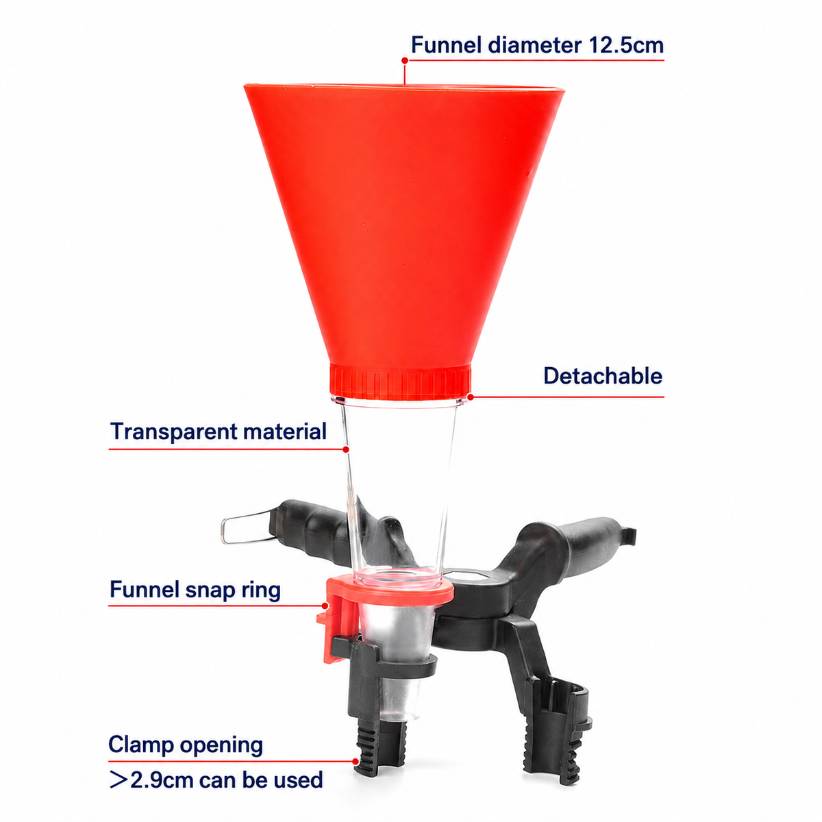 Medidas y componentes del embudo para aceite con boca de 12.5 cm y soporte ajustable.