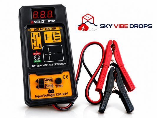 Probador de relés ANENG RT01 para sistemas de 12 V y 24 V con cables y pinzas para batería.
