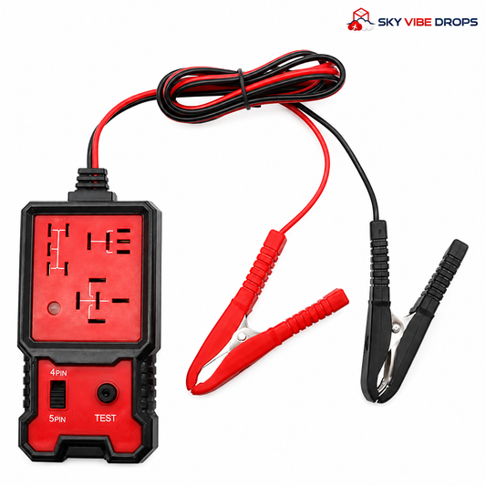 Probador universal de relés automotrices con selector de 4 y 5 pines, botón de prueba y pinzas para batería.
