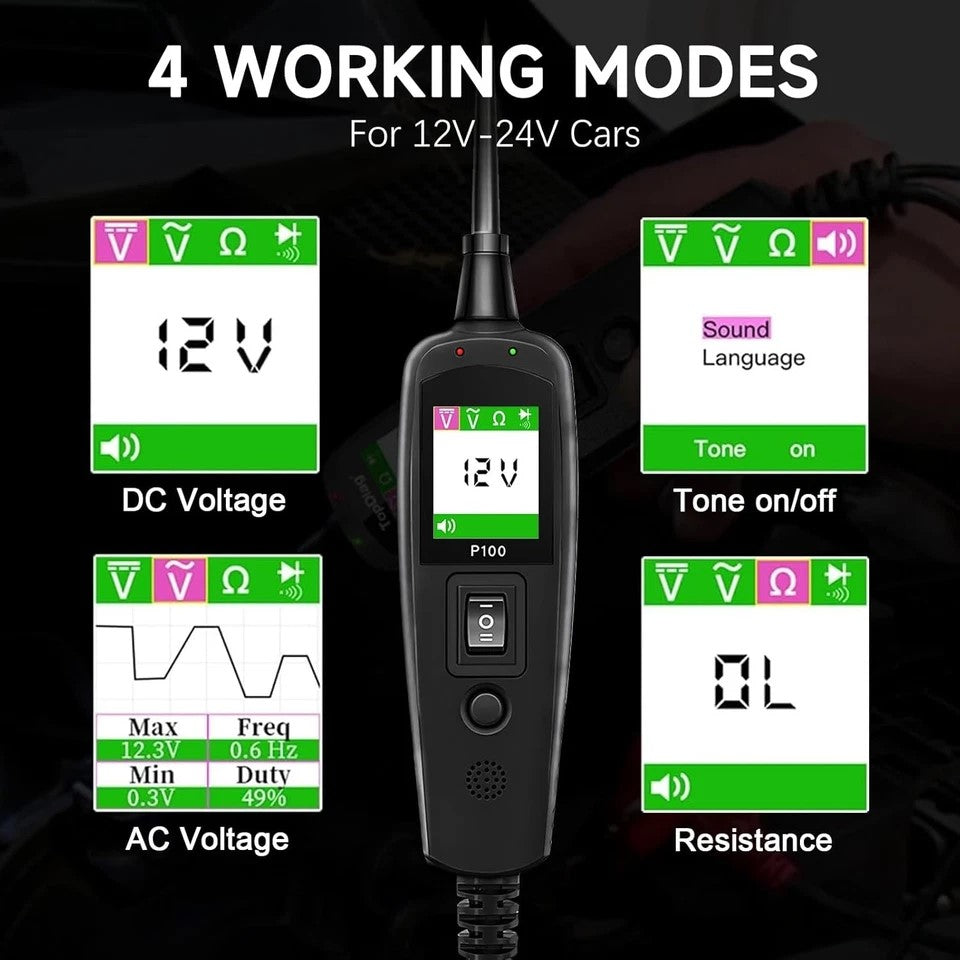 Pantalla del TopDiag P100 con modos de voltaje DC, voltaje AC, resistencia y tono.