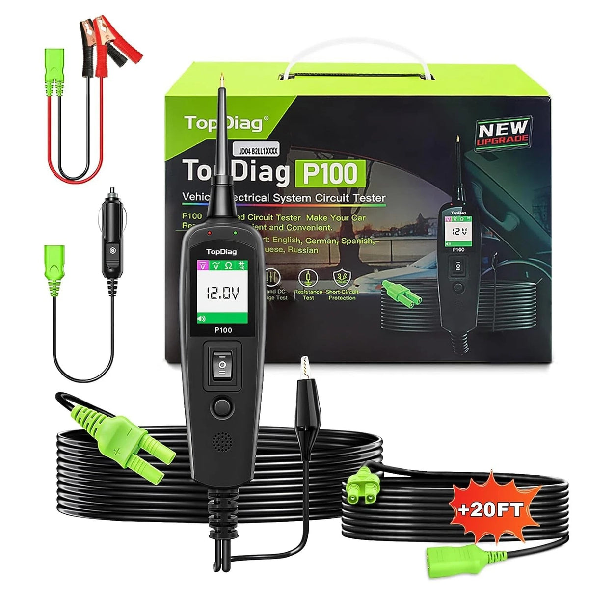 Kit TopDiag P100 con probador de circuitos, cables, adaptadores y estuche.