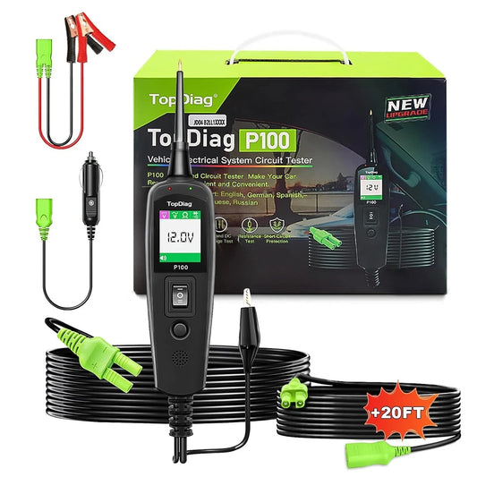 Kit TopDiag P100 con probador de circuitos, cables, adaptadores y estuche.