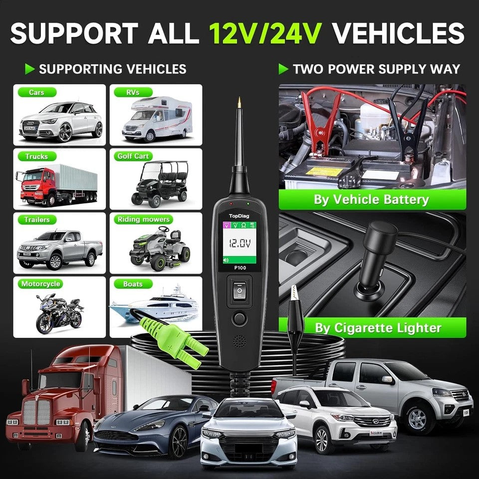 TopDiag P100 para vehículos de 12 V y 24 V con alimentación por batería o encendedor.